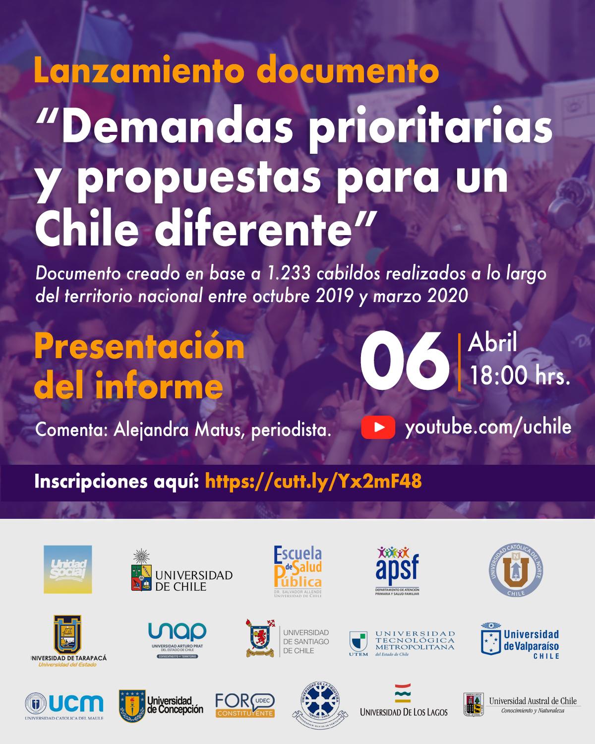 Presentación martes 06 de marzo a partir de las 18:00hr en el canal de Youtube de la Universidad de Chile y será comentado por la destacada periodista Alejandra Matus.
