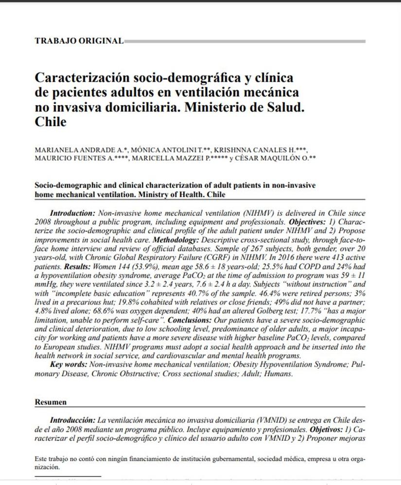¿Caracterización socio-demográfica y clínica de pacientes adultos en ventilación mecánica no invasiva domiciliaria. Ministerio de Salud. Chile¿ es el nombre del artículo ganador.